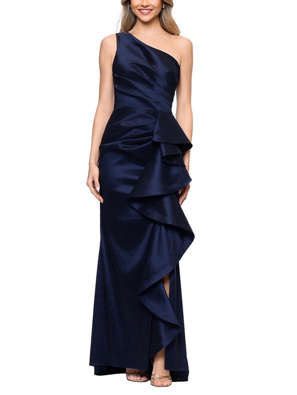 Betsy & Adam Navy Cascading Ruffle One Shoulder Gown Slimming sz 12 NWT $450